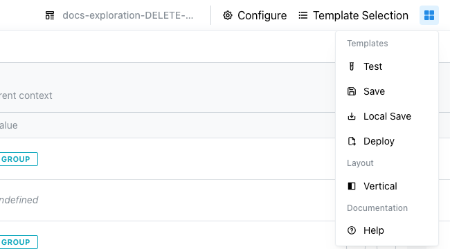 Actions menu open, showing Test, Save, Local Save, Deploy, layout toggle, and Help