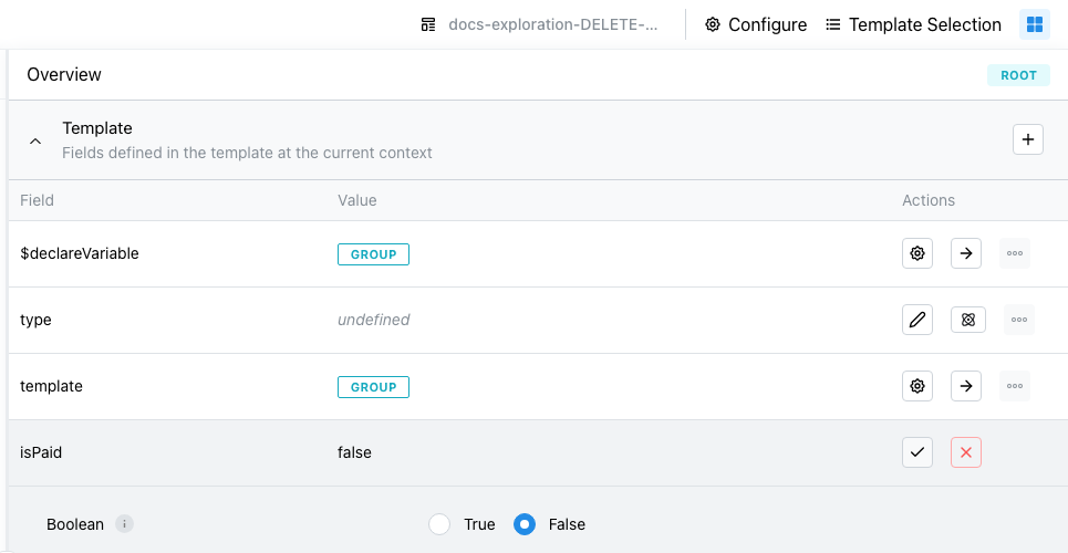 Boolean entry inline edit showing a True/False radio choice