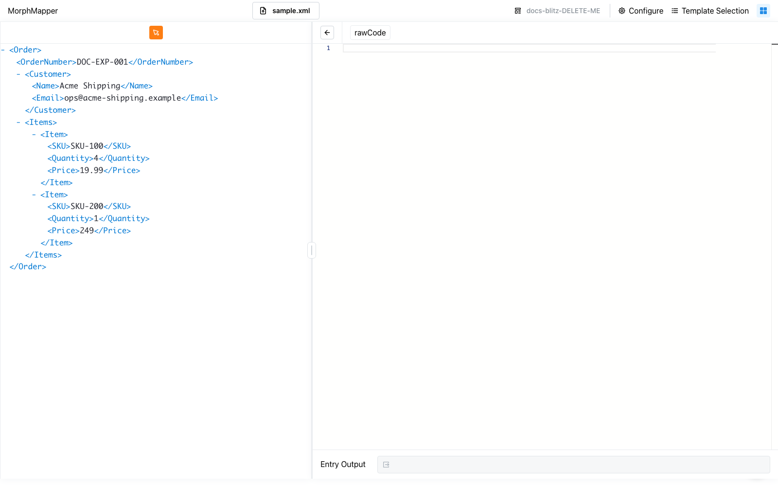 A Code-type entry open in its raw code editor, with the file tree pane on the left, a "rawCode" tab, and an empty editor