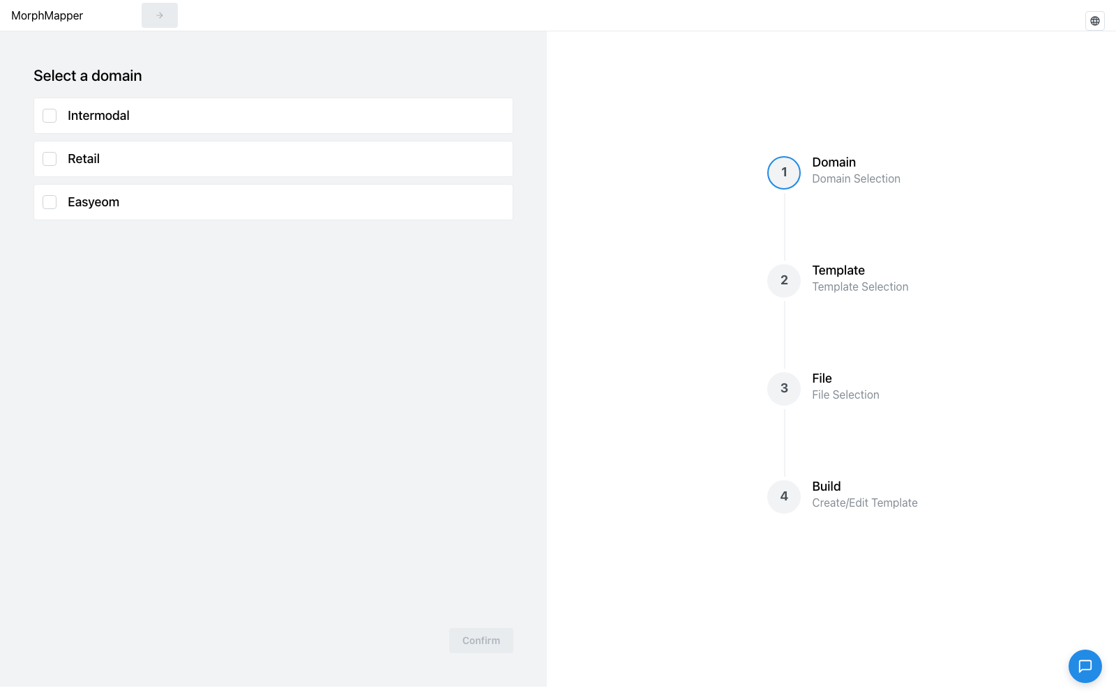 Domain selection screen, listing Intermodal, Retail, and Easyeom, with the four-step wizard shown on the right