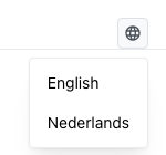 The language switcher opened from the globe icon on the template-selection screen, showing English and Nederlands options