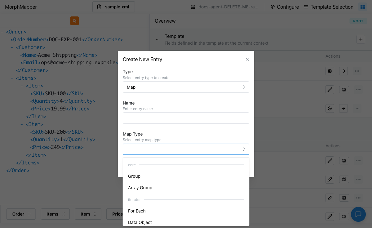 Map Type dropdown open in the Create New Entry dialog, showing Group and Array Group under a "core" heading, and For Each and Data Object under an "iterator" heading