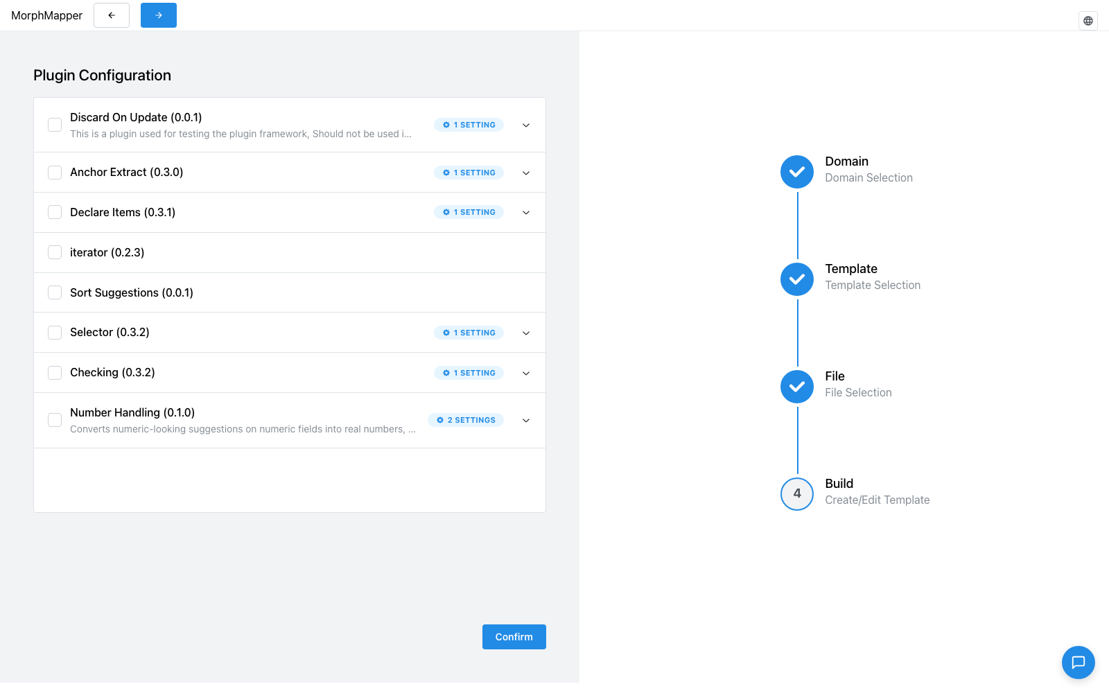 Plugin Configuration screen listing all eight built-in plugins, each with a settings pill and an expand chevron, all disabled by default