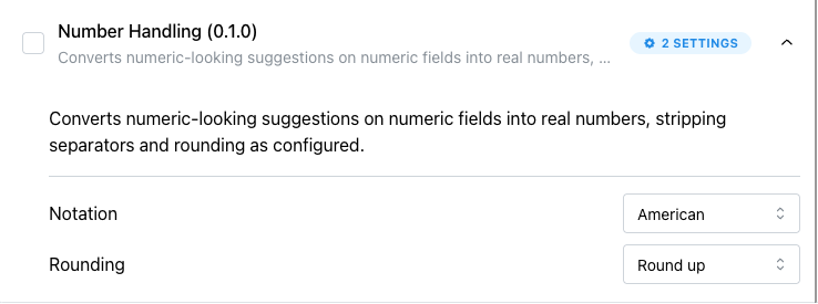 The Number Handling plugin's expanded settings panel, showing its enable checkbox in the header and two select-dropdown settings, Notation and Rounding, stacked below