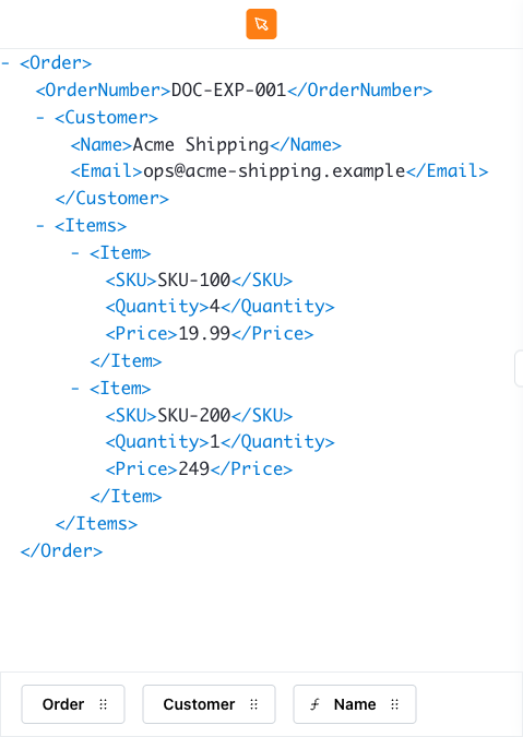 XML file view in Reference mode with the Name tag selected, showing a breadcrumb trail of Order / Customer / Name pills at the bottom